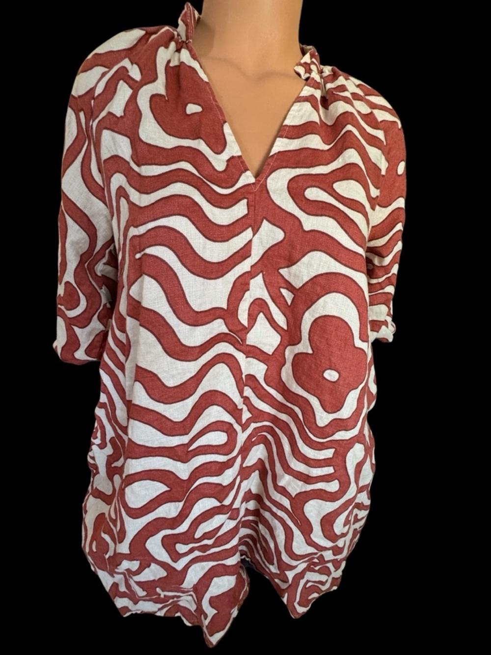 Magaschoni Linen Lined Oversized V Neck Tunic Top Gathered Sleeves XS/TP